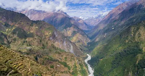 A mountain, village and river landscape of Darchula in the Api Nampa Conservation Area of far-west Nepal, the home district of Api Power's Naugad Gad and Upper Naugad Gad hydropower plants