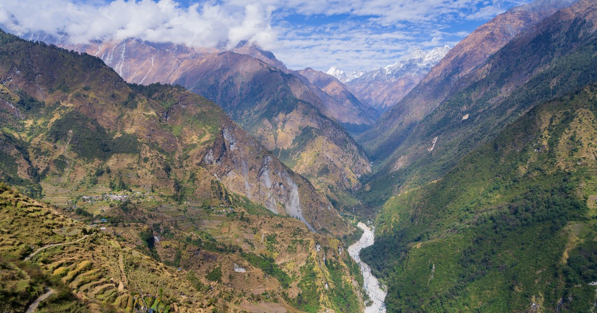 A mountain, village and river landscape of Darchula in the Api Nampa Conservation Area of far-west Nepal, the home district of Api Power's Naugad Gad and Upper Naugad Gad hydropower plants