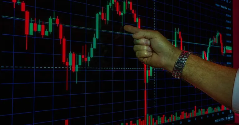 A hand pointing at a candlestick trading chart on a monitor, the screens Nepal's securities brokers trade on